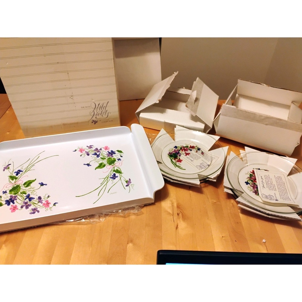 Vintage AVON Wild Violets COLLECTION  6 Salad Plates TRAY NEW Arcoroc FRANCE